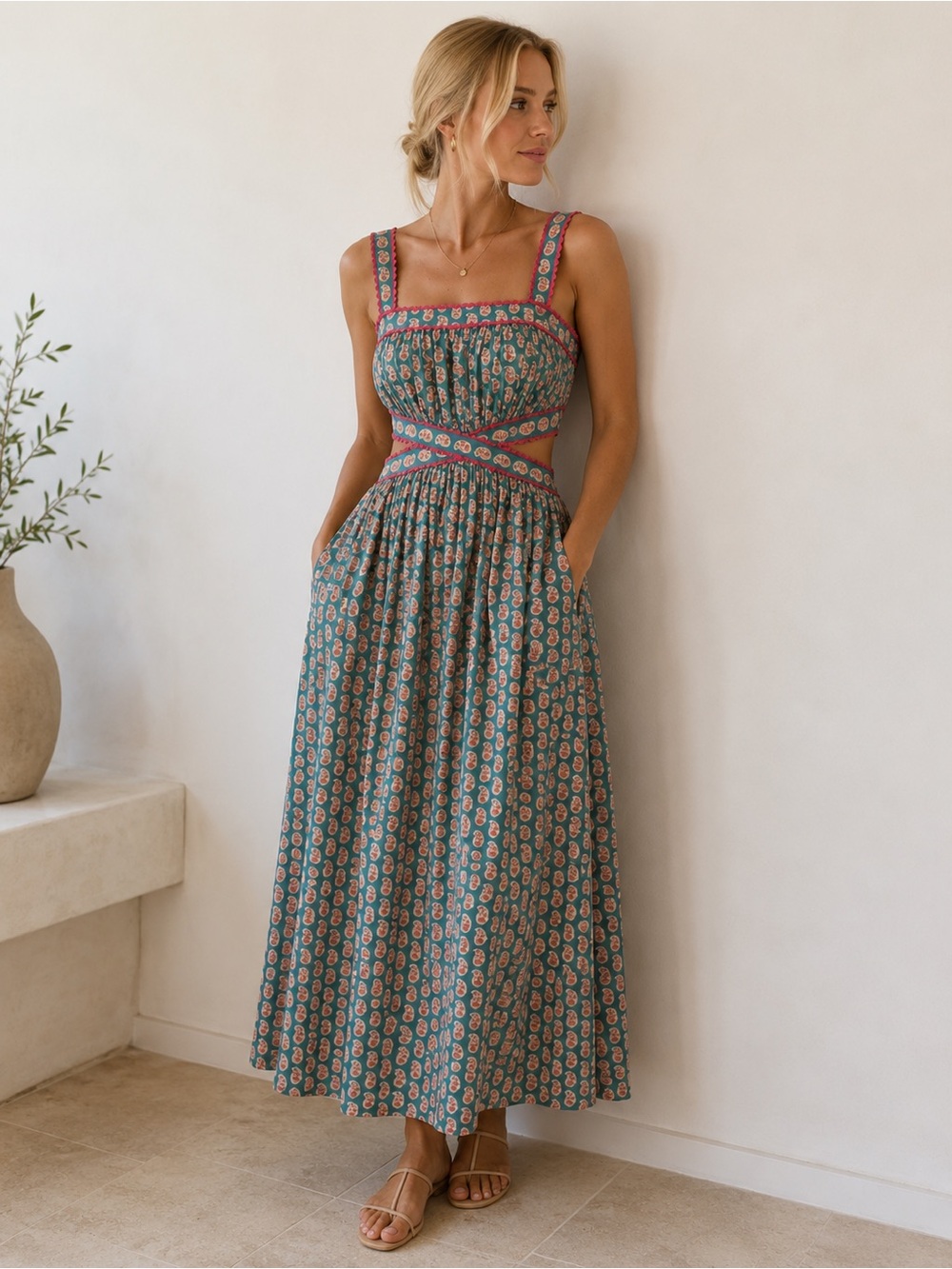 Doen XS RARE Tasha Dress Sunrise Paisley Maxi Dress Pink Trim organic cotton VGC